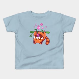 Cute Red Panda Blowing Bubble On Bamboo Tree Cartoon Kids T-Shirt